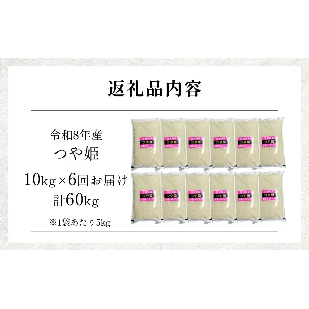 【 令和8年産 】 新米 つや姫 10kg ＜ 毎月 10kg 6回 お届け ＞宮城県 石巻市産 定期便6回 精米 鮮度優先 米 お米 白米 ブランド米 単一原料米 産地直送 ごはん お弁当 宮城県 石巻市