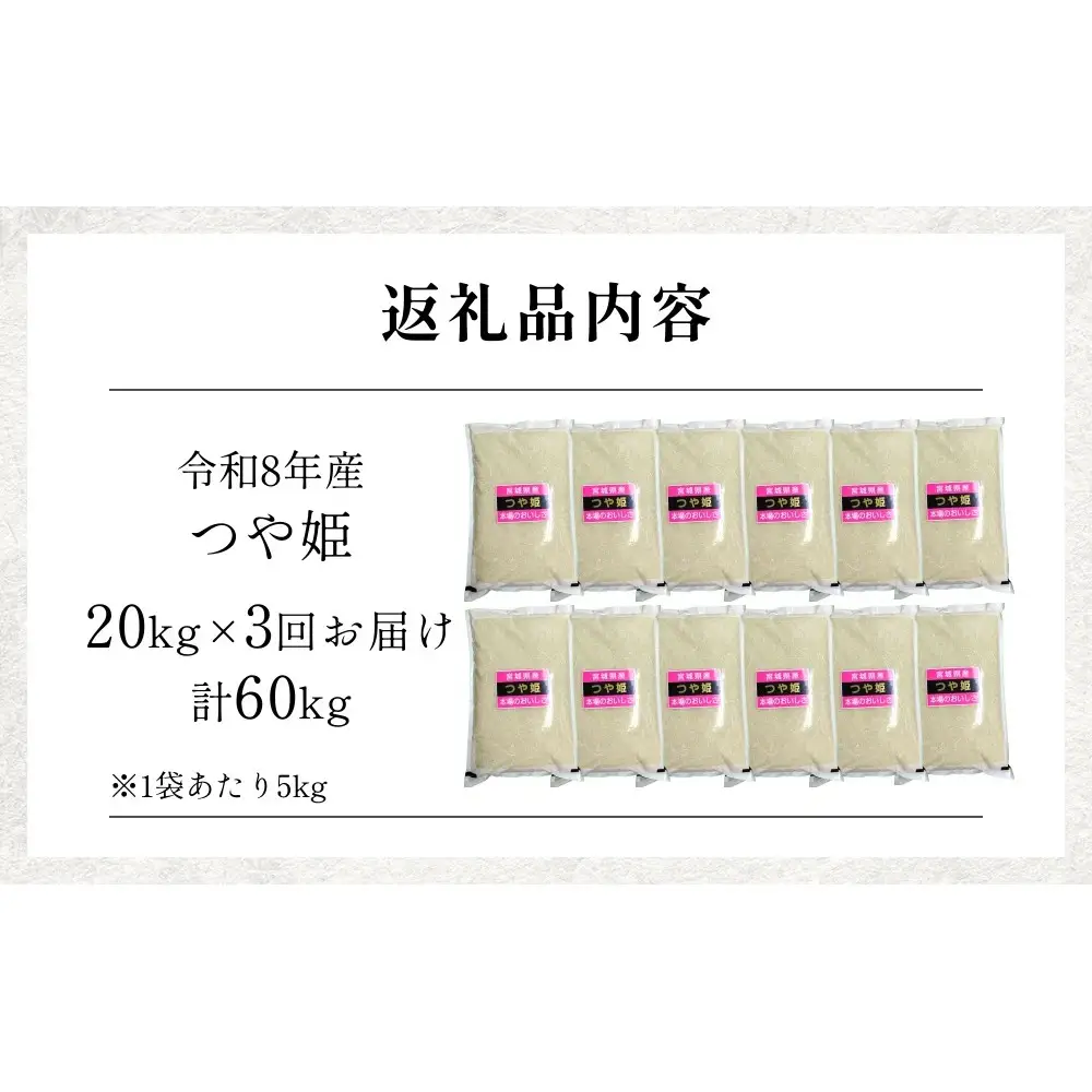 【 令和8年産 】 新米 つや姫 20kg ＜ 毎月 20kg 3回 お届け ＞宮城県 石巻市産 定期便3回 精米 鮮度優先 米 お米 白米 ブランド米 単一原料米 産地直送 ごはん お弁当 宮城県 石巻市