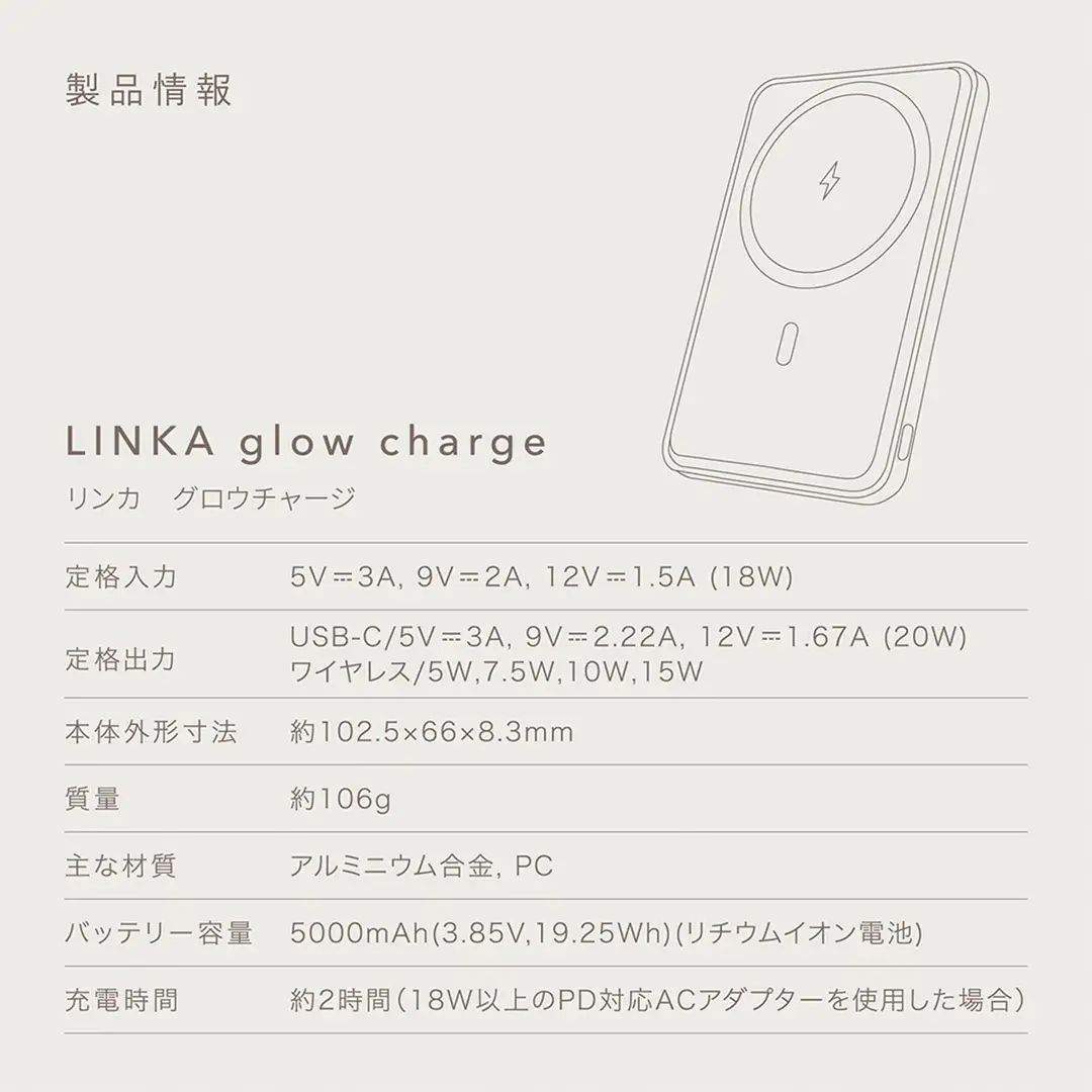 LINKA グロウチャージ（ルミゴールド）薄型モバイルバッテリー モバイルバッテリー USBケーブル