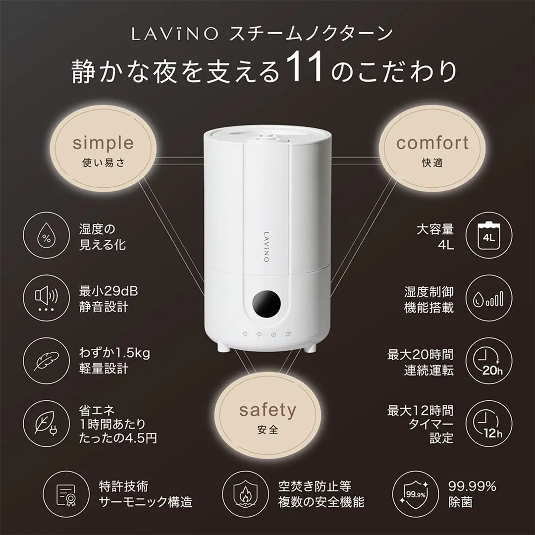 LAViNO スチーム ノクターン（ブラック）ハイブリッド式加湿器 ハイブリッド式 蒸気 ミスト化