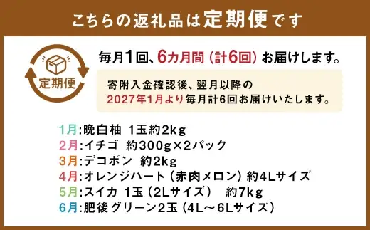 【 6ヶ月連続定期便 】 熊本の旬のフルーツお届け便 （ 1月上旬?6月下旬 ・ 年6回コース ） 果物 フルーツ 晩白柚 イチゴ デコポン オレンジハート メロン スイカ 肥後グリーン 果実 果汁 果肉 詰め合わせ 食べ比べ 熊本県産 国産 定期配送 定期 【 2027年1月より発送開始 】