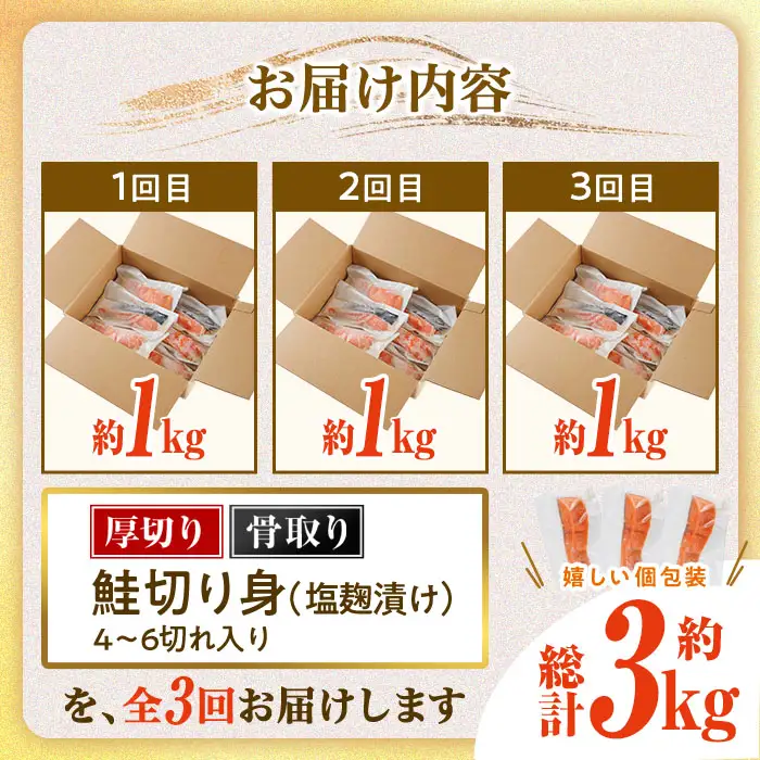 【定期便・全3回(連続)】厚切り 骨なし 塩麹 漬け 鮭切身(総計約3kg・1kg×3回) 皮付き 鮭 小分け 真空包装 骨とり 骨取り済 カット済 簡単 魚 冷凍 お弁当 【AW-145】【丸正水産】