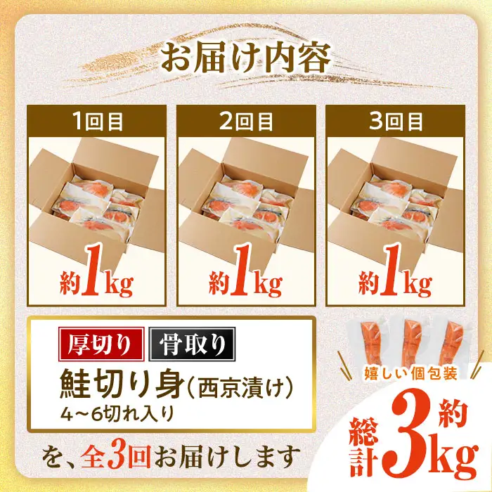 【定期便・全3回(連続)】厚切り 骨なし西京 漬け 鮭切身(総計約3kg・1kg×3回) 皮付き 鮭 小分け 真空包装 骨とり 骨取り済 カット済 簡単 魚 冷凍 お弁当 【AW-146】【丸正水産】