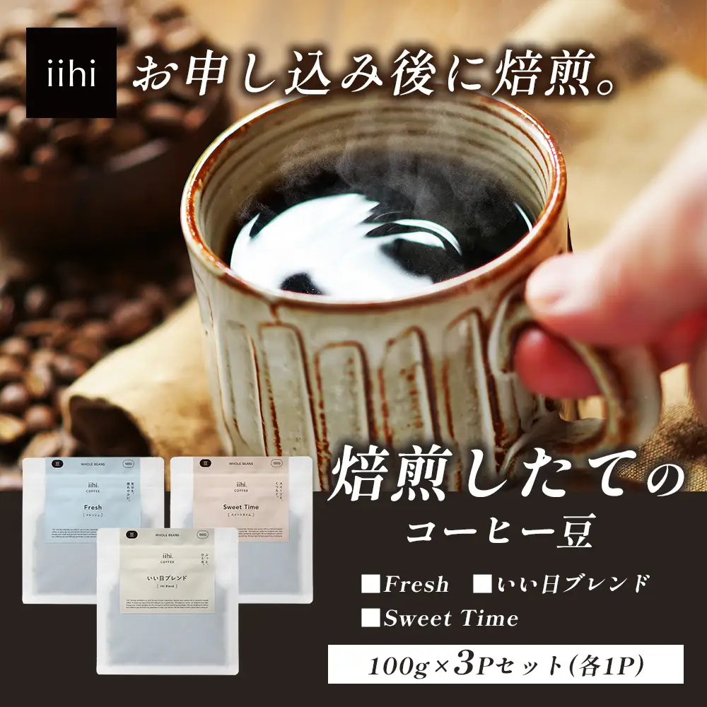 【ふるさとロースターが焙煎したてをお届け！】iihiコーヒー コーヒー豆 100g×3P セット 常温｜コーヒー 珈琲 コーヒー豆 ブレンドコーヒー 自家焙煎 詰め合わせ 飲み比べ 中深煎り 焙煎 ギフト プレゼント NORM&HANCE株式会社 宮崎県 諸塚村 NH-04