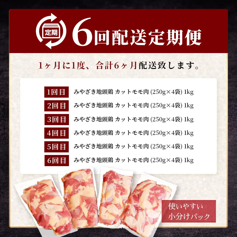 【定期便全6回】みやざき地頭鶏 カットモモ肉 250g×4P×6回 冷凍｜家庭応援 鶏肉 地鶏 モモ肉 カット肉 唐揚げ 焼き鳥 チキン南蛮 じとっこ 真空パック 小分け カット済み 定期便 6ヶ月 毎月 連続 家庭用 興洋開発株式会社 宮崎県 諸塚村 KY-31