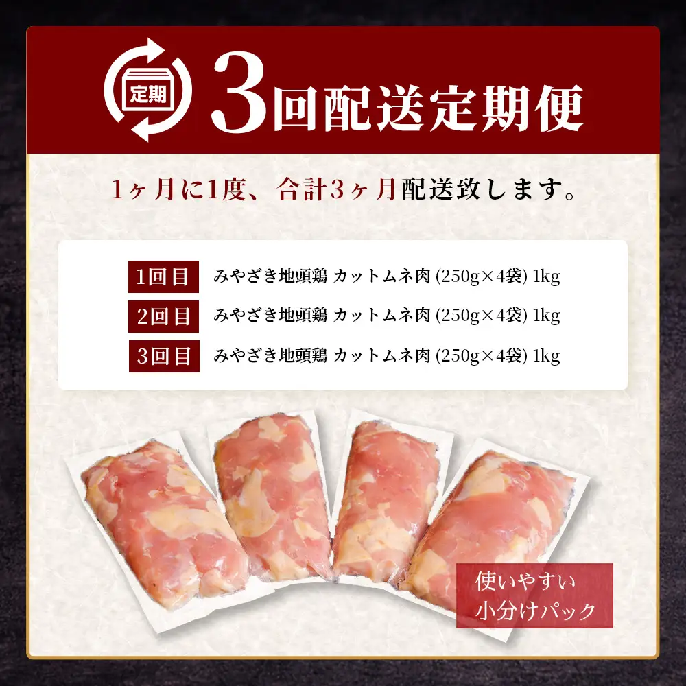 【定期便全3回】みやざき地頭鶏 カットムネ肉 250g×4P×3回 冷凍｜家庭応援 鶏肉 地鶏 ムネ肉 カット肉 唐揚げ 焼き鳥 チキン南蛮 じとっこ 真空パック 小分け カット済み 定期便 3ヶ月 家庭用 興洋開発株式会社 宮崎県 諸塚村 KY-35
