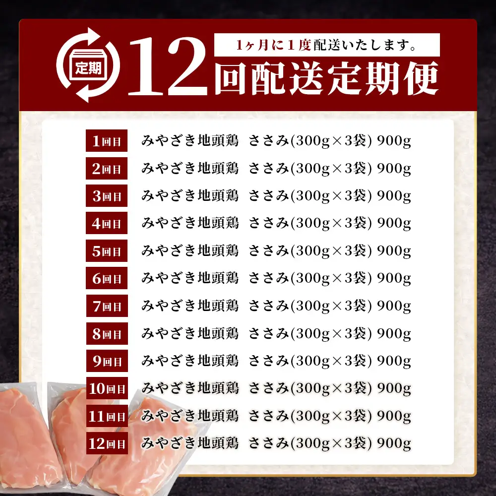 【定期便全12回】みやざき地頭鶏 ササミ 300g×3P×12回 セット 冷凍｜家庭応援 鶏肉 地鶏 ささみ 精肉 サラダチキン 蒸し ヘルシー 高たんぱく じとっこ 真空パック 家事応援 小分け 定期便 12ヶ月 1年 毎月 連続 興洋開発株式会社 宮崎県 諸塚村 KY-42
