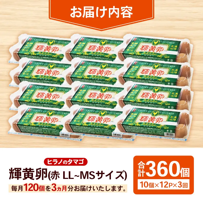 【定期便3回】ヒラノのタマゴ 輝黄卵（きおうらん）120個（10個入り×12パック）【割れ保証込み 卵 たまご タマゴ 国産 新鮮 直送 定期便 3回 3ヵ月 輝黄卵 きおうらん 朝ごはん 卵かけごはん 福岡県 筑前町 AJ014】