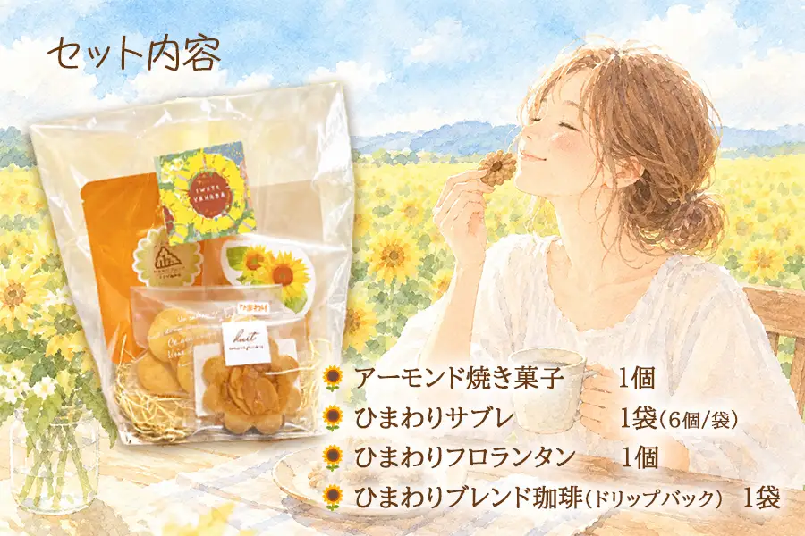 ひまわりをモチーフにしたお菓子と自家焙煎珈琲　『やはばsun・smile gift』　BAG/クッキー ギフト 焼き菓子 詰め合わせ サブレ フロランタン コーヒー  珈琲  セット お菓子  贈り物 プレゼント おしゃれ 洋菓子 ティータイム 大人 おやつ 矢巾町 岩手県