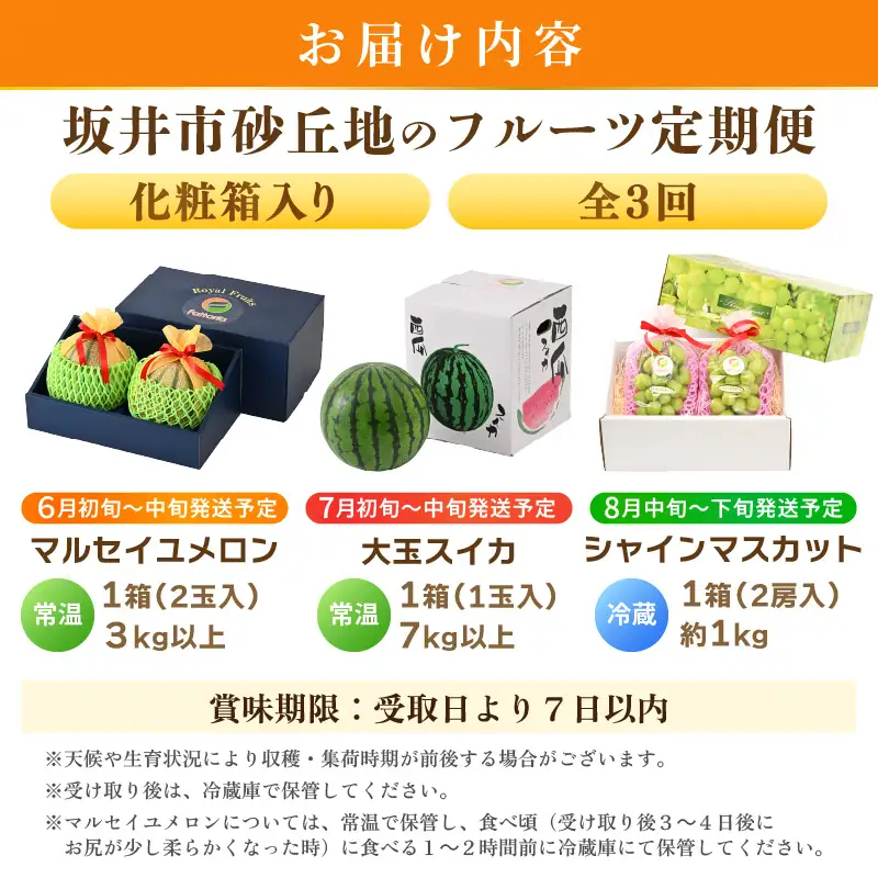 【先行予約】【フルーツ定期便3回】マルセイユメロン2玉＆大玉スイカ1玉＆大粒シャインマスカット2房【2027年6月上旬以降順次発送】【定期便 くだもの】 [D-19101]