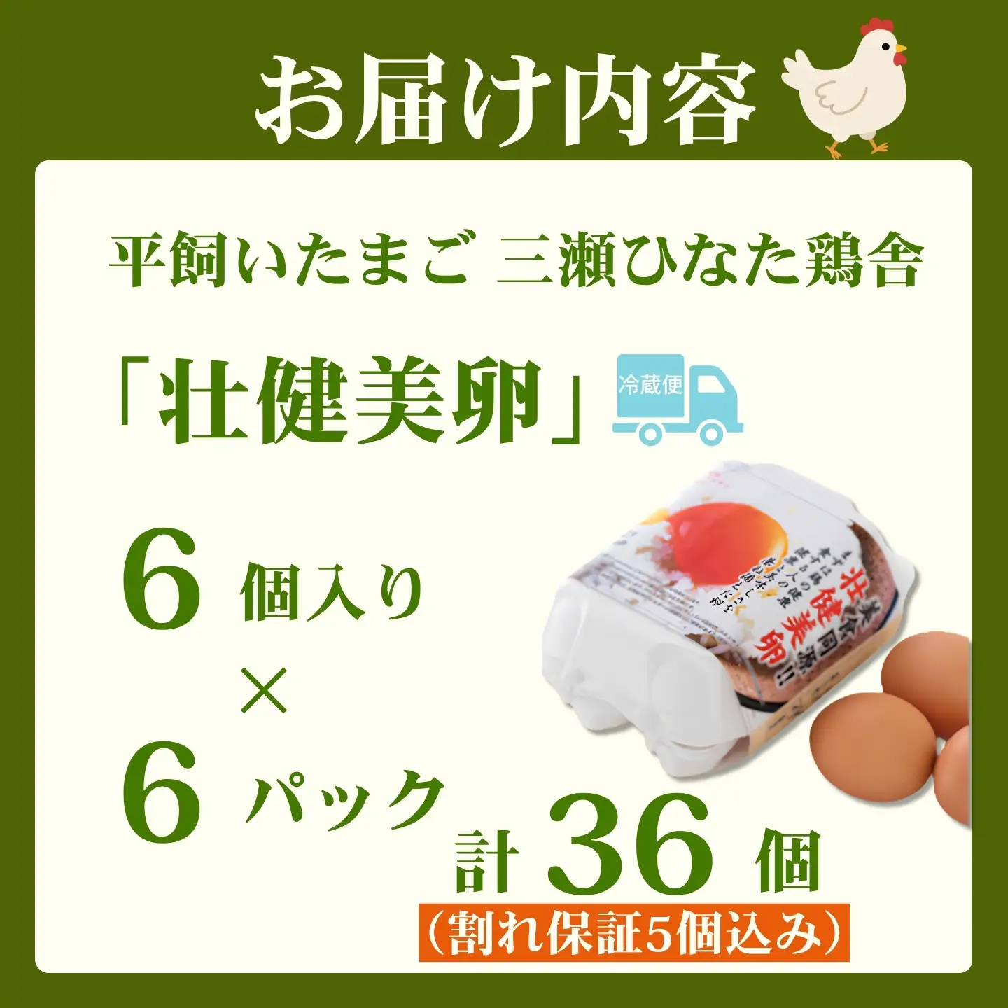 平飼いたまご 三瀬ひなた鶏舎 「壮健美卵」6個入り×6パック【うち割れ保証5個】：B125-032