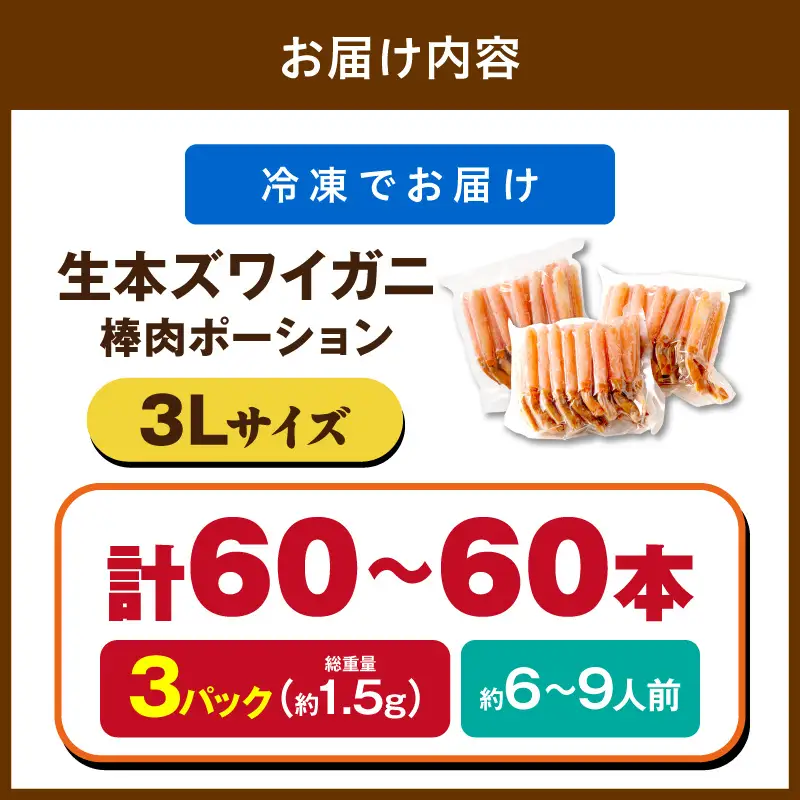 鮮度良し！お刺身でも食べられる！生本ズワイガニ棒肉ポーション　3パック