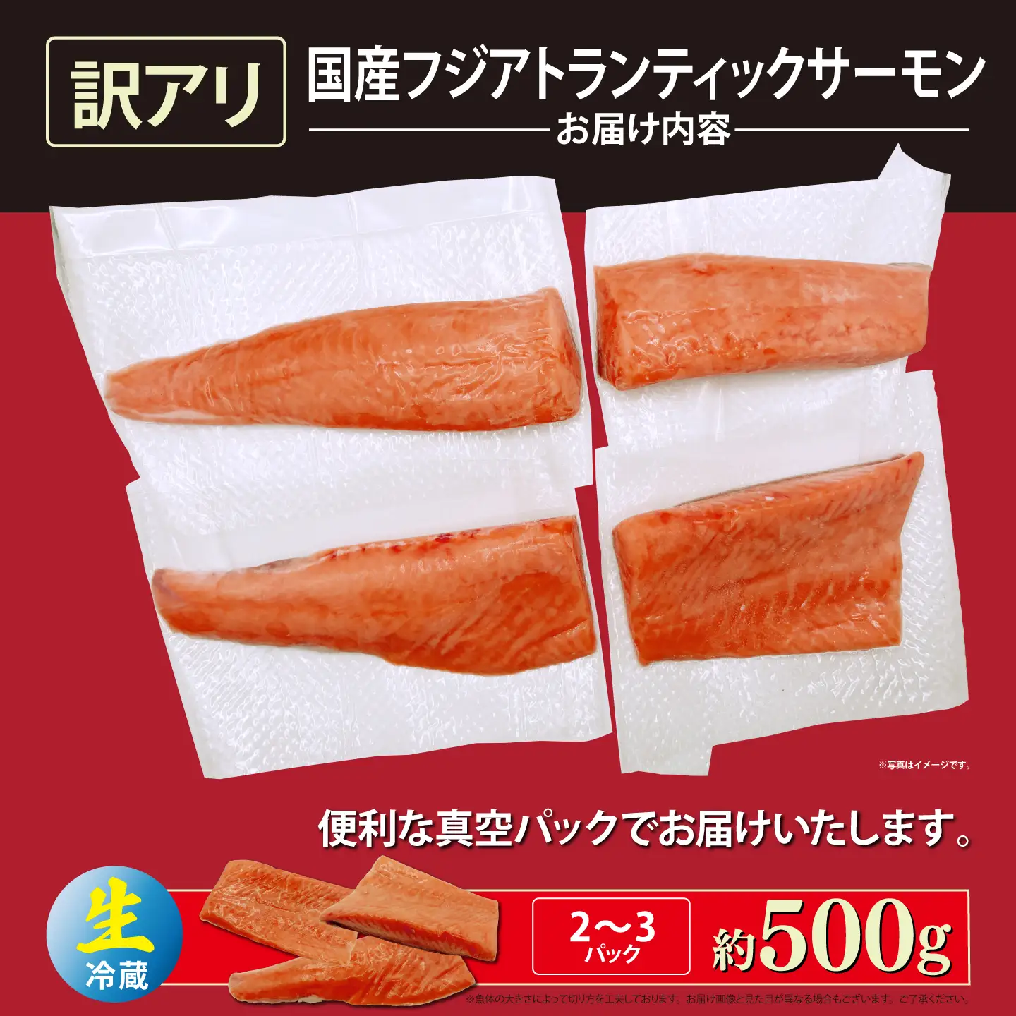 フジアトランティックサーモン 訳あり 生・冷蔵 2～3P 約500g 国産サーモン