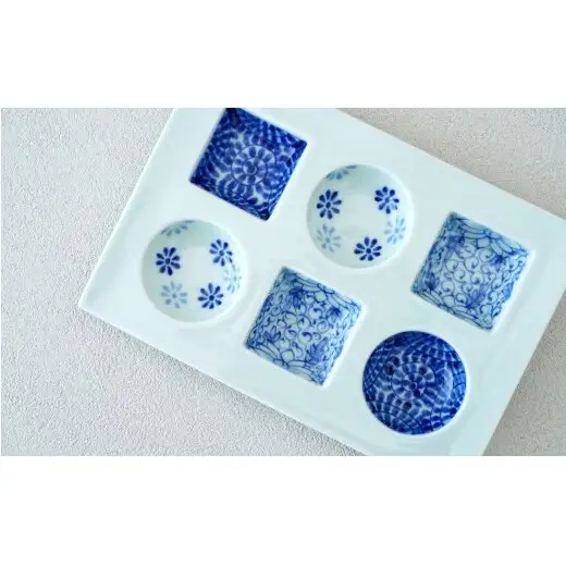 染付三柄文様 〇□ 六品盛【マルコウ陶苑】食器 器 うつわ 染付 和食器 おつまみ 晩酌 薬味入れ ギフト 伝統工芸 プレゼント 贈り物 dg009