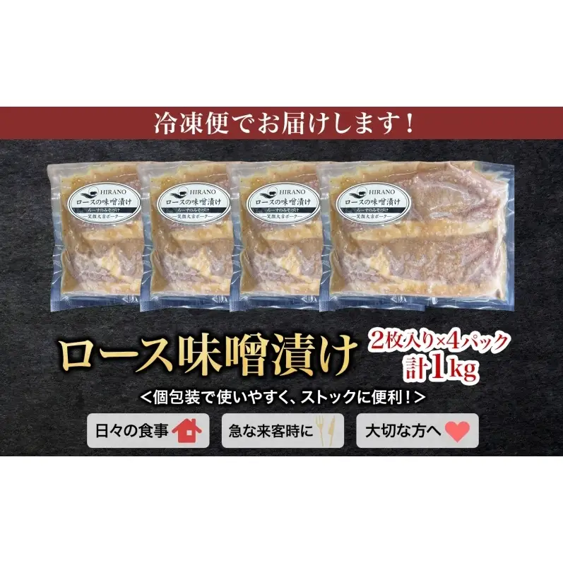 笑顔大吉ポーク ロース味噌漬け 2枚入×4 計1kg 豚肉 ロース 味噌漬け 白味噌 赤味噌 西京味噌 おかず 惣菜 お弁当 時短 冷凍 ギフト 贈り物 株式会社ヒラノ 千葉県 成田市