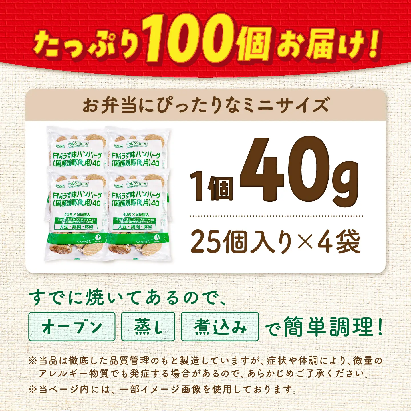 卵・乳・小麦不使用！うす味ハンバーグ 40g×100個（1袋25個入×4袋）[AFCQ001]