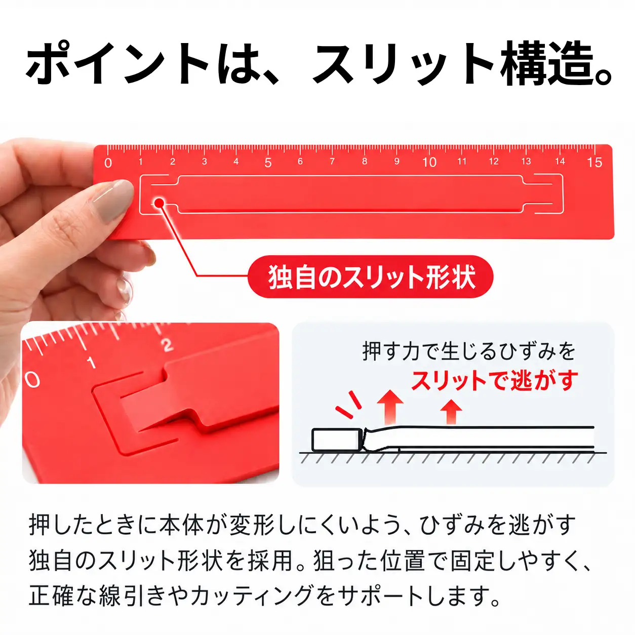 ずれない定規 スリットルーラーPE15cm 透明 定規 文房具