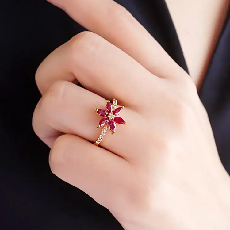 指輪 K18YG イエローゴールド ルビー マーキス フラワー ダイヤモンド 0.17ct レディース 5～16号 花 カラーストーン 誕生石 ジュエリー 【 f301-ru-k18yg 】