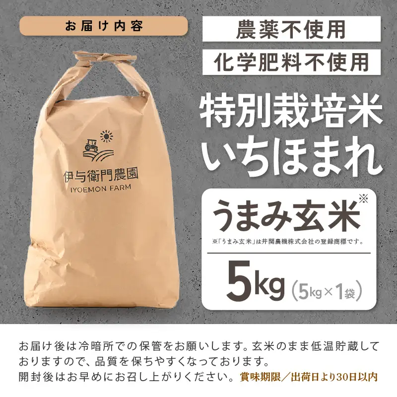 【令和8年産】特別栽培米 いちほまれ うまみ玄米 5kg 化学肥料不使用 ＜温度と湿度を常時管理し新鮮米を出荷！＞／ 高品質 鮮度抜群 福井県あわら産 ブランド米 お米 [aw071-b011]