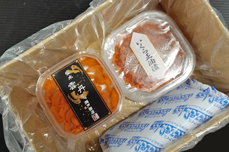 無添加エゾバフンウニ塩水パック(赤系)50～60g×1P、いくら醤油漬け(鮭卵)70g×1P A-11186