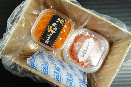 無添加エゾバフンウニ塩水パック(赤系)50～60g×1P、いくら醤油漬け(鮭卵)70g×1P A-14201