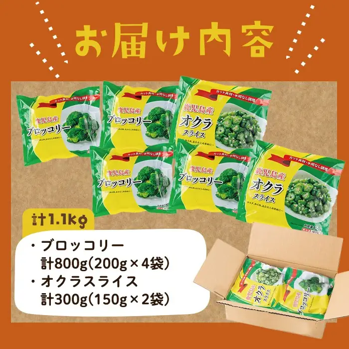 国産冷凍カット野菜（ブロッコリー・オクラスライス）計1.1kg おくら オクラ ブロッコリー 野菜 冷凍 カット カット野菜 国産 簡単 手軽 サラダ 味噌汁 スープ お弁当 a0-399
