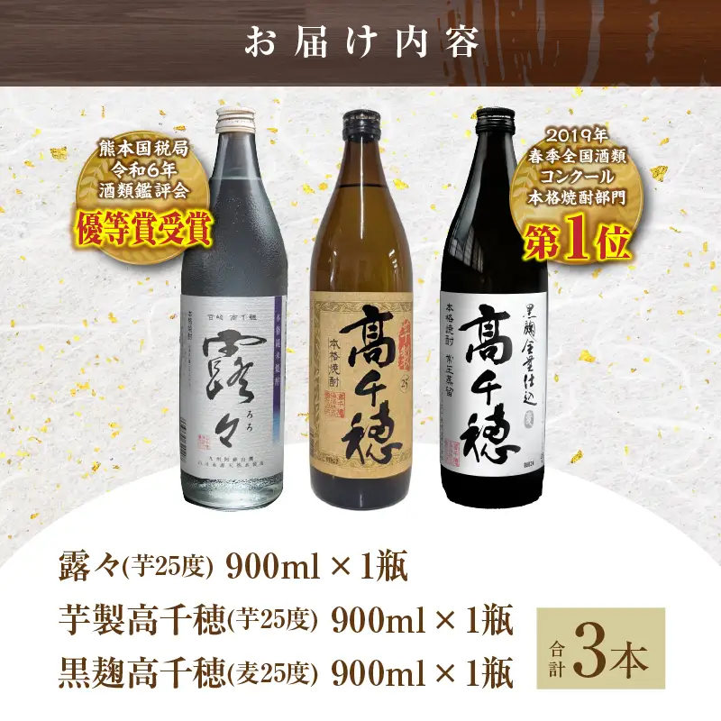 高千穂酒造 焼酎3本セット 焼酎 セット 黒麹高千穂 露々 芋製高千穂 詰め合わせ 飲み比べ 味比べ 麦焼酎 米焼酎 芋焼酎 酒 お酒 アルコール 晩酌 瓶焼酎 贈答 贈り物 ギフト お歳暮 手土産 プレゼント 誕生日 記念日 お祝い 内祝い パーティー 宮崎県 高千穂町 _Tk008-011