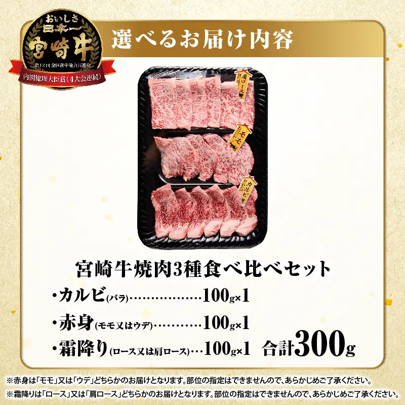宮崎牛『焼肉』3種食べ比べセット(合計300g)肉 牛 牛肉 おかず 国産_T009-035