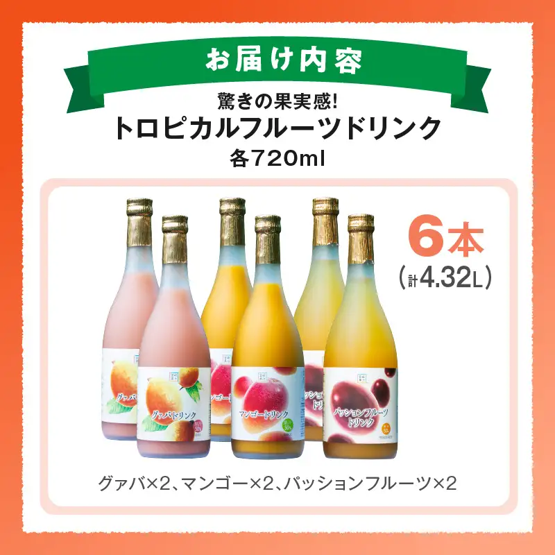 驚きの果実感！トロピカルフルーツドリンク(合計6本・3種各720ml×2本、マンゴー・グァバ・パッションフルーツ) 果物 ドリンク 飲み物_K021-004
