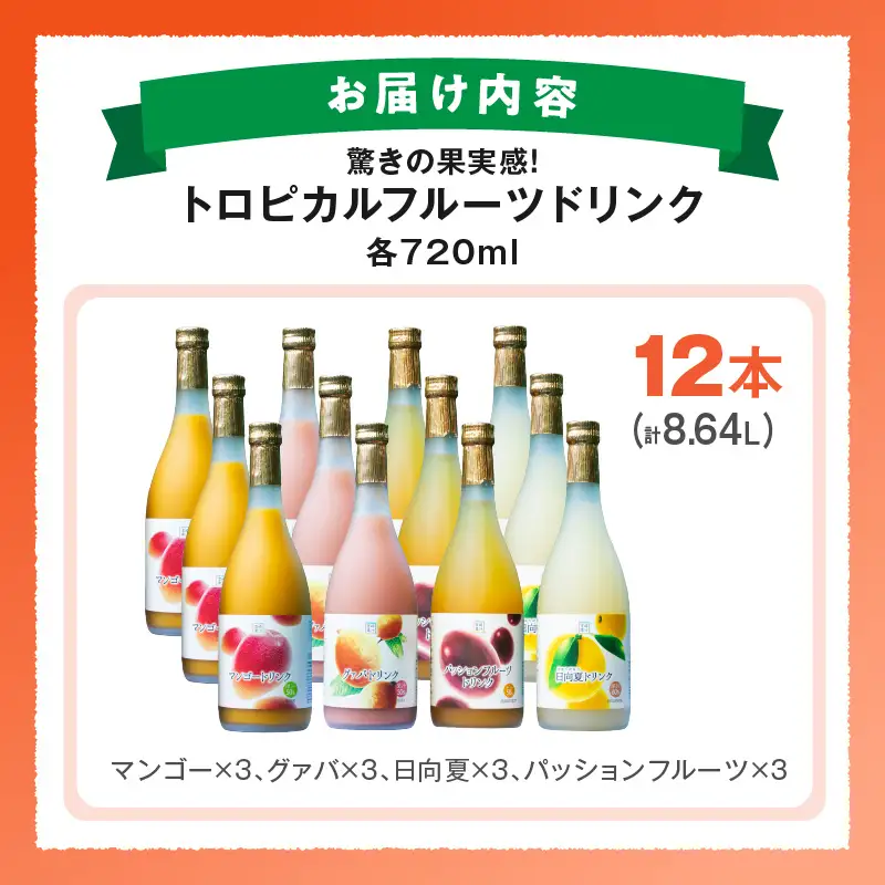 驚きの果実感！トロピカルフルーツドリンク(合計12本・4種各720ml×3本、マンゴー、グァバ、パッションフルーツ、日向夏) 果物 フルーツ 飲み物_K021-003