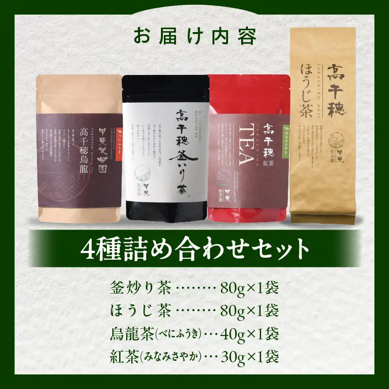 釜炒り茶 烏龍茶 紅茶 ほうじ茶 リーフ茶 詰め合わせ セット 釜炒り茶 烏龍茶 紅茶 ほうじ茶 お茶 緑茶 日本茶 茶葉 飲み比べ 国産 宮崎県 高千穂町 _Tk025-010