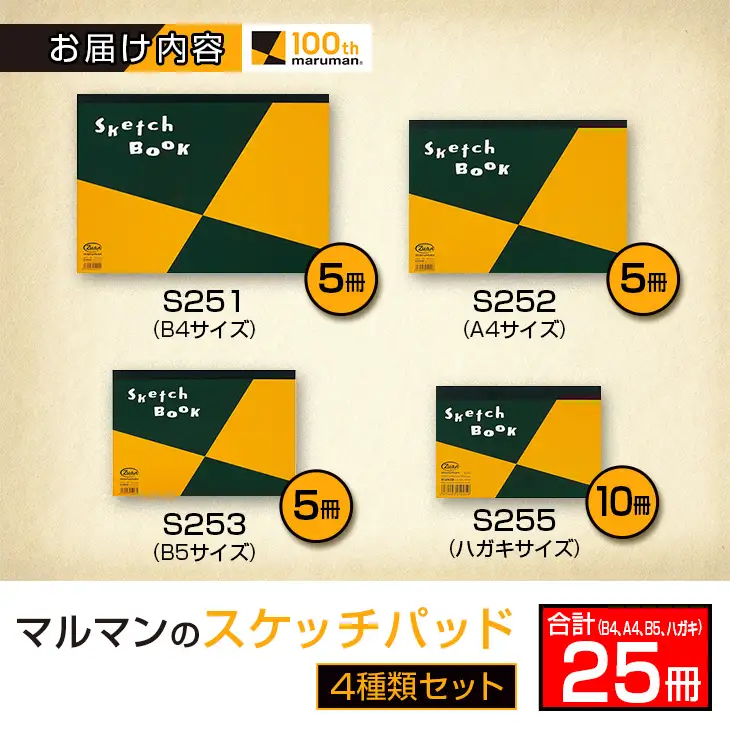 マルマン スケッチパッド 4種類 セット B4 A4 B5 ハガキ 合計25冊 日用品 雑貨 文房具 画用紙 国産 事務用品 筆記用具 イラスト 絵画 自由帳 おえかき帳 スケジュール帳 スケッチ ビジネスノート スクラップブッキング 人気 おすすめ 宮崎県 日南市 送料無料_GE14-25