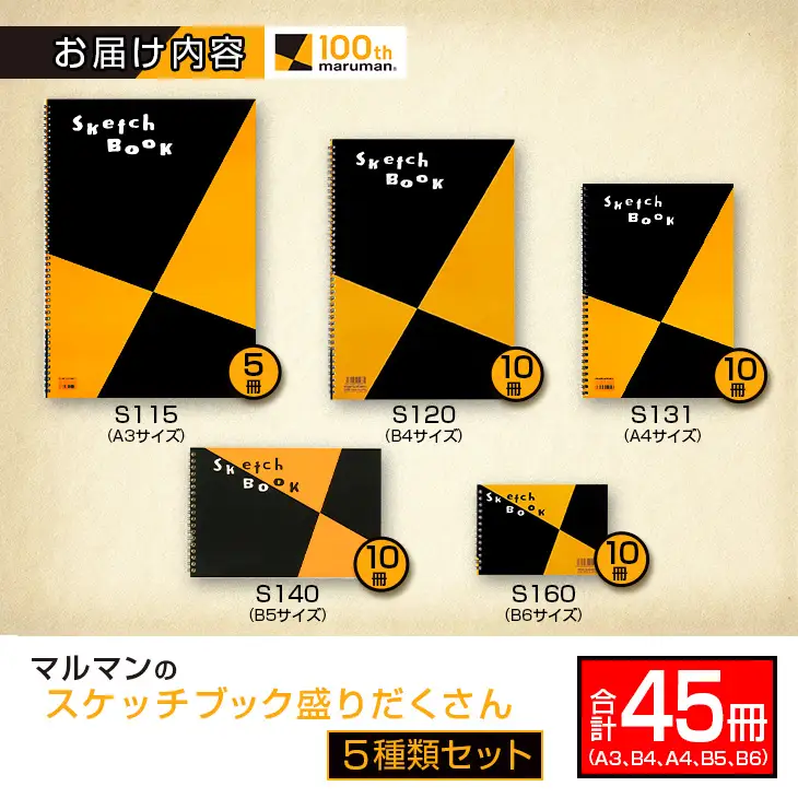 マルマン スケッチブック 盛りだくさん 5種類 セット A3 B4 A4 B5 B6 合計45冊 雑貨 日用品 文房具 画用紙 ノート 国産 リング製本 キャンバス イラスト 文具 筆記用具 画材 事務用品 ビジネスノート スクラップブッキング おすすめ 宮崎県 日南市 送料無料_GC3-25