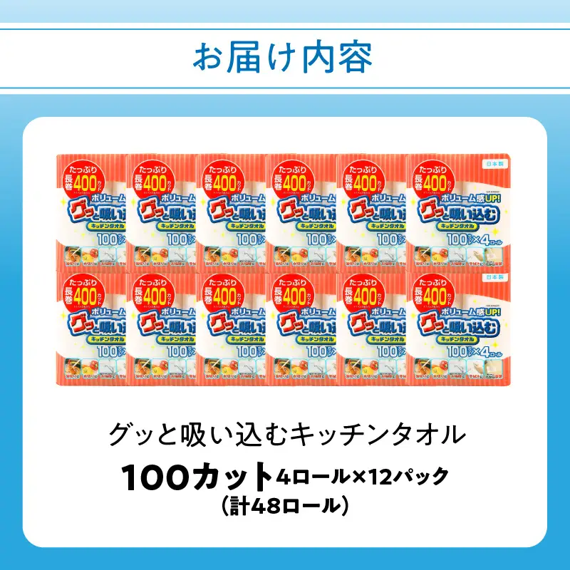 キッチンペーパー グッと吸い込むキッチンタオル100カット（4ロール×12パック） R14030