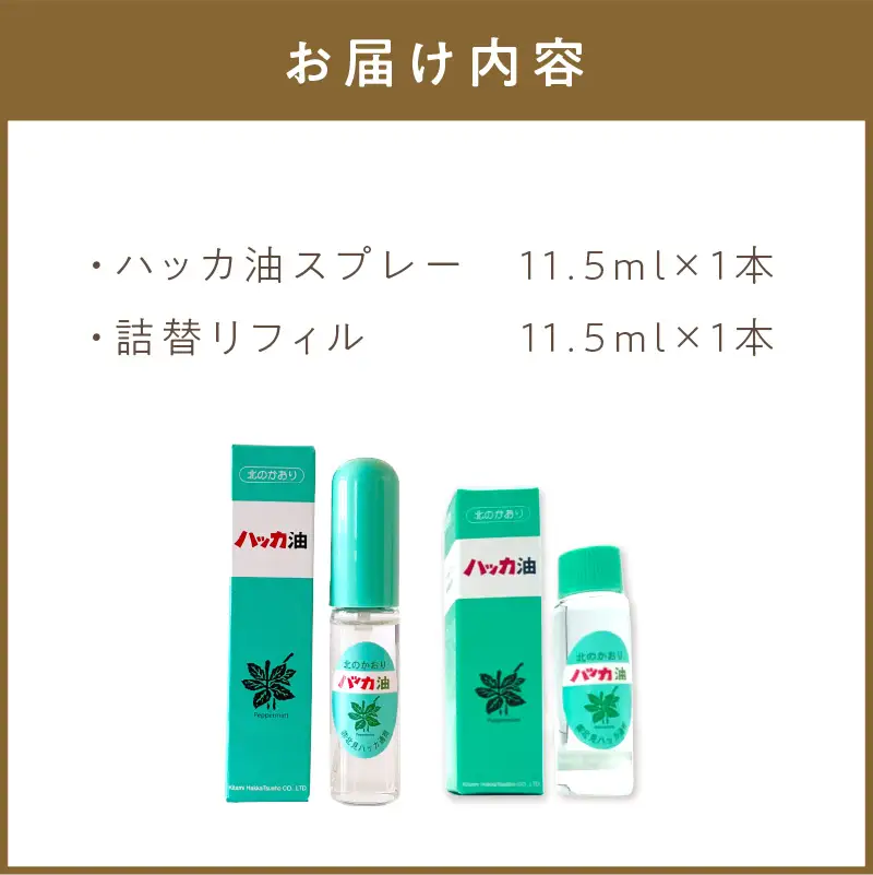 ハッカ油スプレー11.5ml 1本と詰替リフィル1本 ( ミント スプレー 消臭スプレー 携帯用 詰替え 薄荷 消臭 リフィル 爽快 アロマオイル 天然由来 マスク ハンカチ 爽快感 キャンプ ゴルフ 釣り アウトドア )【007-0062】
