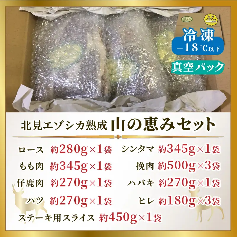 北見エゾシカ 熟成肉山の恵みセット ( 肉類 肉 国産 鹿肉 熟成 セット 詰め合わせ 骨付き ロース しんたま 内もも ステーキカット肉 ハバキカット ハツ ヒレ ステーキ用スライス )【025-0050】