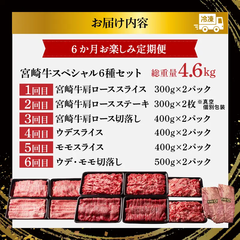 6か月お楽しみ定期便『宮崎牛スペシャル6種セット』総重量4.6kg 肉 牛 牛肉 焼肉 国産_T009-0026