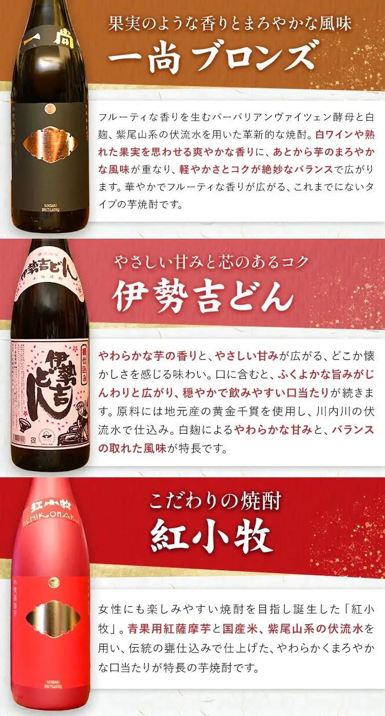 小牧醸造 芋焼酎5種 6本セット 薩摩心酔力三 一尚シルバー 一尚ブロンズ 伊勢吉どん 紅小牧 各1.8L 《30日以内に出荷予定(土日祝除く)》堀之内俊雄商店