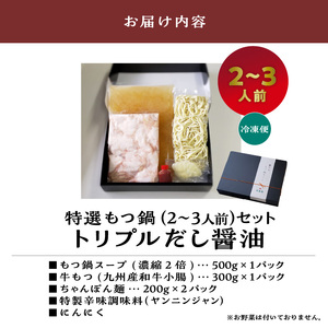 大昌園「特選もつ鍋セット・トリプルだし醤油2～3人前/特製辛味調味料付き」 〔Cn108〕