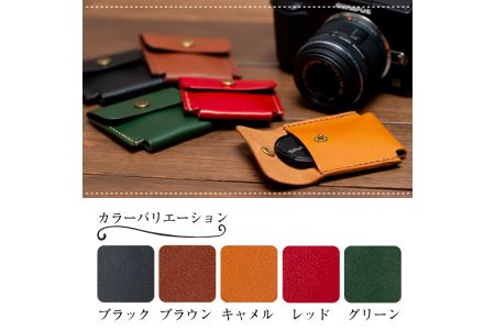 a501-01 ＜ブラック＞本革ハンドメイド！5色から選べるカメラレンズキャップ用ケース(Lサイズ)！メンズレディース問わず使いやすい日本製レンズキャップホルダー【皮革工房凜】