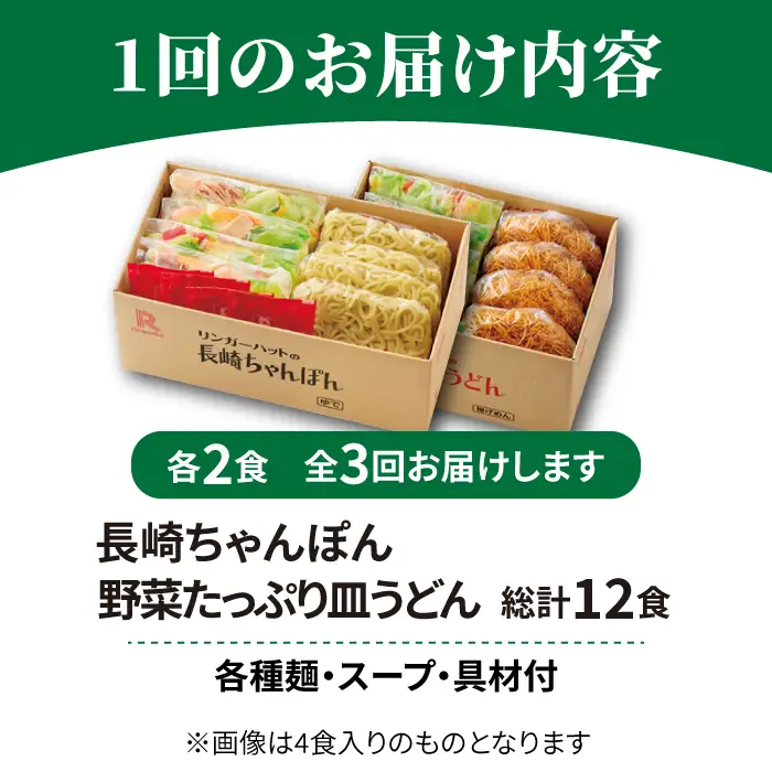 あの人気店の味をおうちで！【3回定期便】ちゃんぽん・皿うどんセット4食セット（各2食）  リンガーハット 長崎ちゃんぽん チャンポン うどん[FBI014]