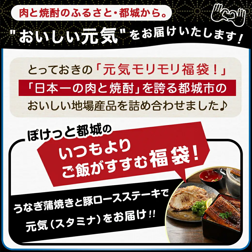 【元気モリモリ福袋】職人手焼きうなぎ蒲焼き2尾＆豚ロースステーキ6枚〔AC-3305〕_(都城市) 豚肉 鰻 国産 うなぎの蒲焼 2尾 タレ付き 麹味噌漬け豚ロース肉 6枚