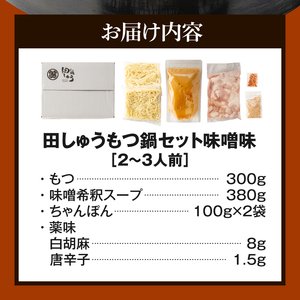 田しゅうもつ鍋セット味噌味2～3人前_田しゅう もつ鍋 セット 味噌味 醤油味 2～3人前 博多 郷土料理 こだわり 国産 牛 もつ 職人 厳選 手切り にんにく 出汁 旨味 リピート ちゃんぽん麺 味噌 醤油 加工品 食べ物 グルメ お取り寄せ お取り寄せグルメ 福岡県 久留米市 送料無料 〔Cn110〕