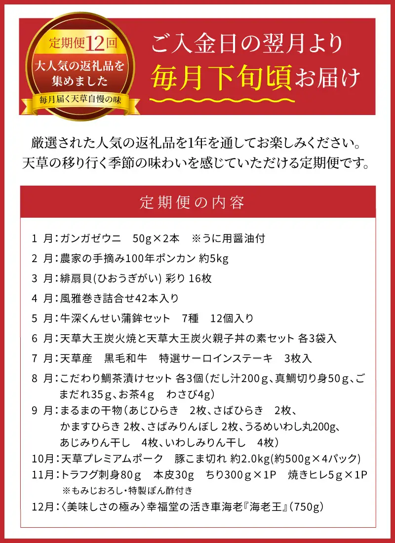 S999-T04_【定期便12回】天草市堪能12ヵ月定期便