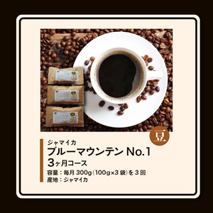 毎月届く　ブルーマウンテン300g・豆コース！3ヶ月コース(100g×3)_ブルーマウンテン No.1 ジャマイカ産 豆 100g × 3袋 計300g × 3回 3ヶ月コース 毎月届く 自家焙煎 コーヒー 珈琲の王様 高級 銘柄 シルキー 苦み 酸味 甘味 コク 焙煎 鮮度 粗挽き 細挽き 常温 お取り寄せ 福岡県 久留米市 送料無料 〔Ec103-B〕