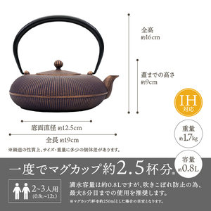 南部鉄器 鉄瓶 立目 紫金 0.8L 【及富作】 IH調理器 伝統工芸品 やかん