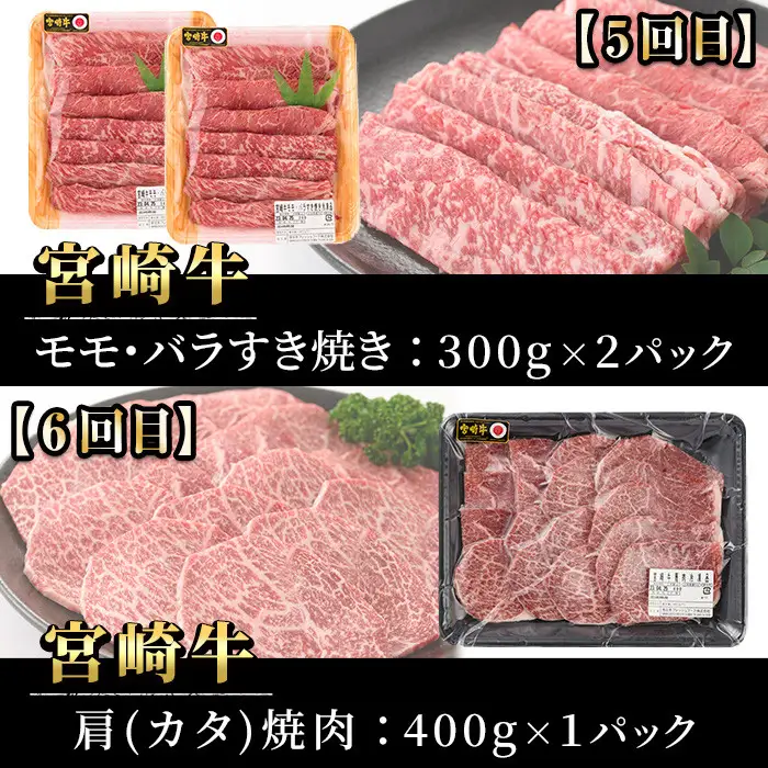 【定期便・6回連続】宮崎牛定期便(ロースステーキ、肩ロースすき焼き、肩焼肉、モモバラすき焼き)A4 A5 牛肉 精肉 お肉 しゃぶしゃぶ スライス カタ 黒毛和牛 ブランド和牛 BBQ お取り寄せ 国産 冷凍【P-26】【南日本フレッシュフード株式会社(日本ハムマーケティング株式会社)】