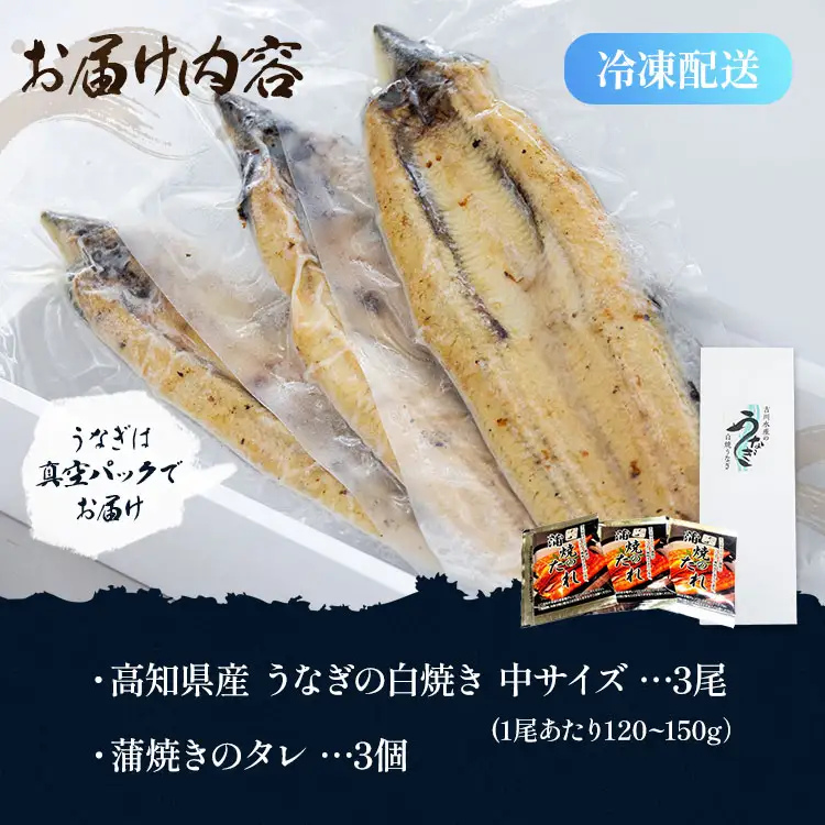 高知県産うなぎの白焼き 中サイズ 3尾(合計360g以上) タレ付き - 鰻 ウナギ 晩ご飯 夕飯 おかず 魚 肴 おつまみ ギフト 贈答 贈り物 丑の日 クリスマス 年末年始 吉川水産 高知県 香南市【冷凍】 yw-0046