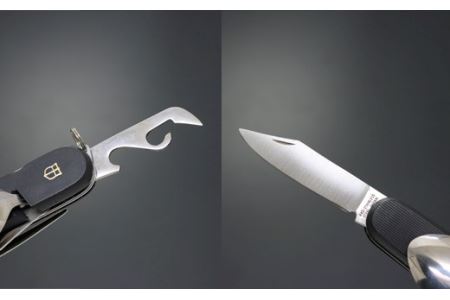 H12-52 国産スプーン・フォーク付 7徳 引割ナイフ【ブラック】（KT-513） ～サバイバル ナイフ 穴開け 栓抜き 缶切り コルク抜き アウトドア マルチツール キャンプ バーベキュー BBQ アウトドア 防災用品にも～