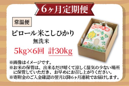 【令和8年産 新米】【6ヶ月定期便】こだわりの米！弱アルカリ性のピロール米 こしひかり 無洗米 5kg×6回 計30kg [F-009003]